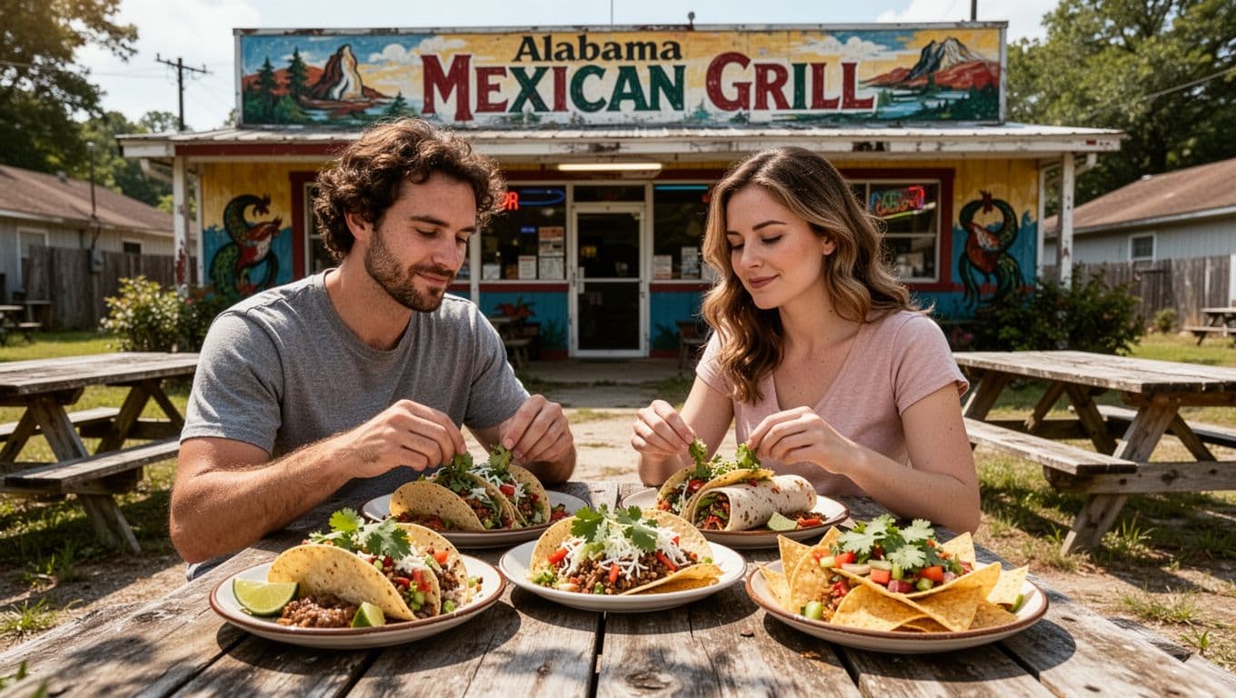 Green top banner 'Juane's Mexican' over sunny grill exterior with picnic tables of tacos, burritos, nachos and seated couple.