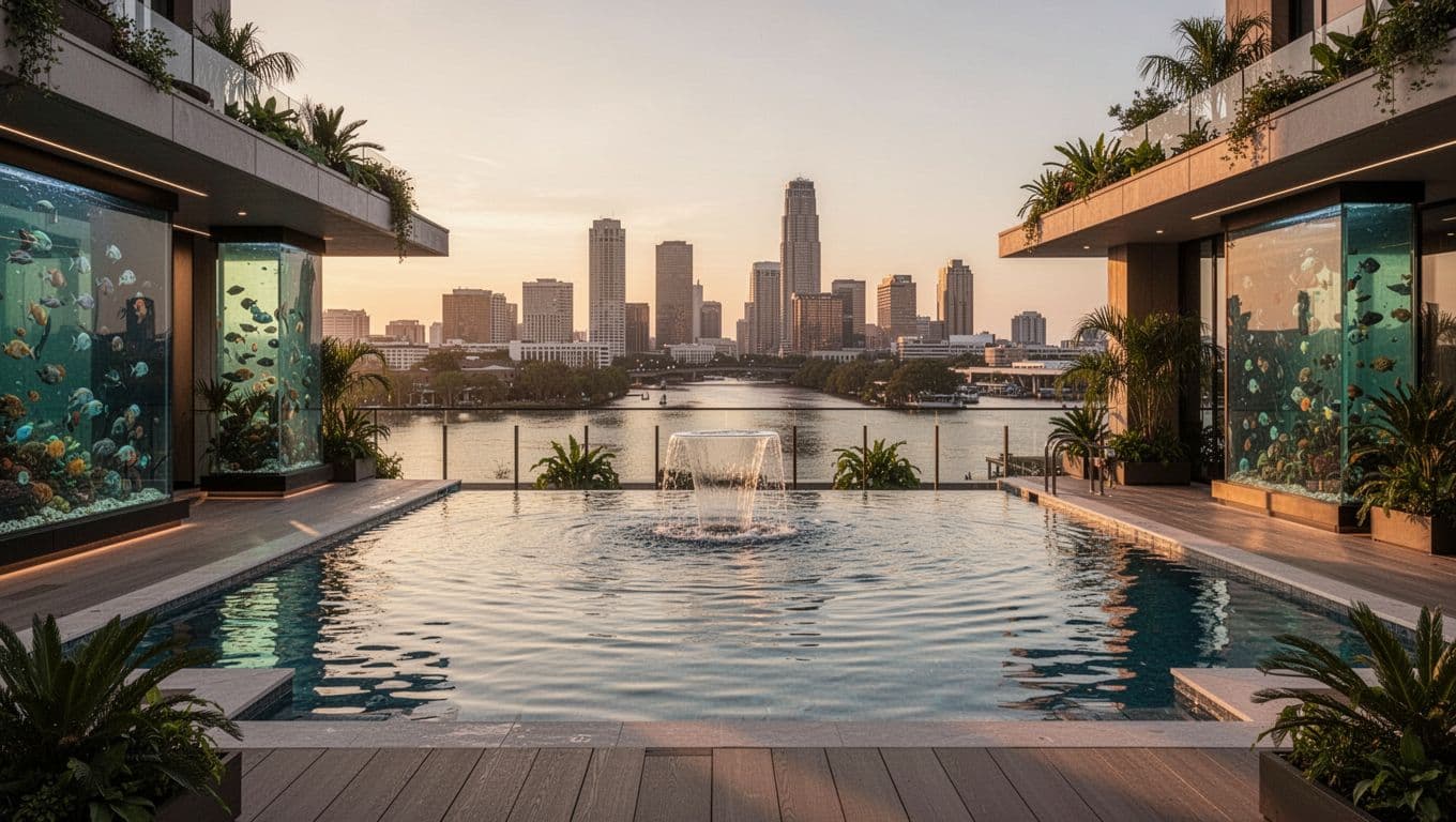 Modern luxury rooftop pool at JW Marriott in Plant Riverside District overlooking Savannah River and city skyline during golden hour sunset, with subtle aquarium architecture elements and branded headline.