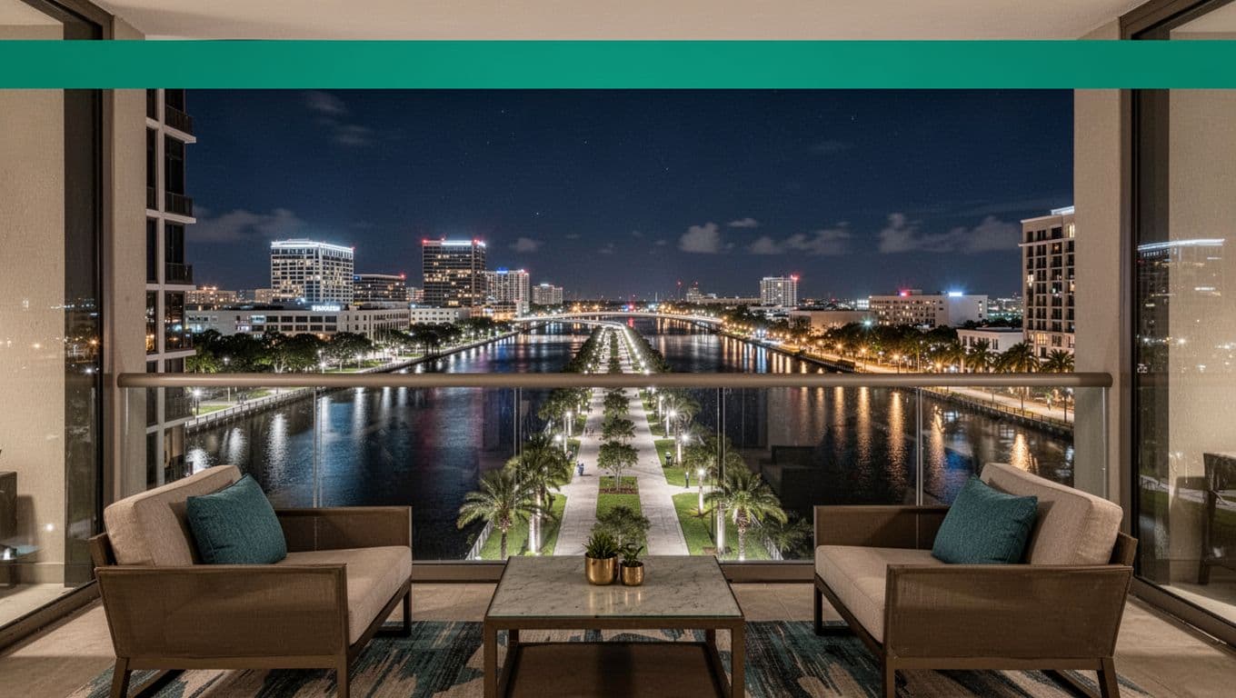 Upscale hotel room balcony overlooking the Tampa Riverwalk at night, with modern furnishings, river view, and city lights under sophisticated ambient lighting. Top edge-to-edge green band features centered 'Luxury Stay' headline in bold geometric sans-serif font.