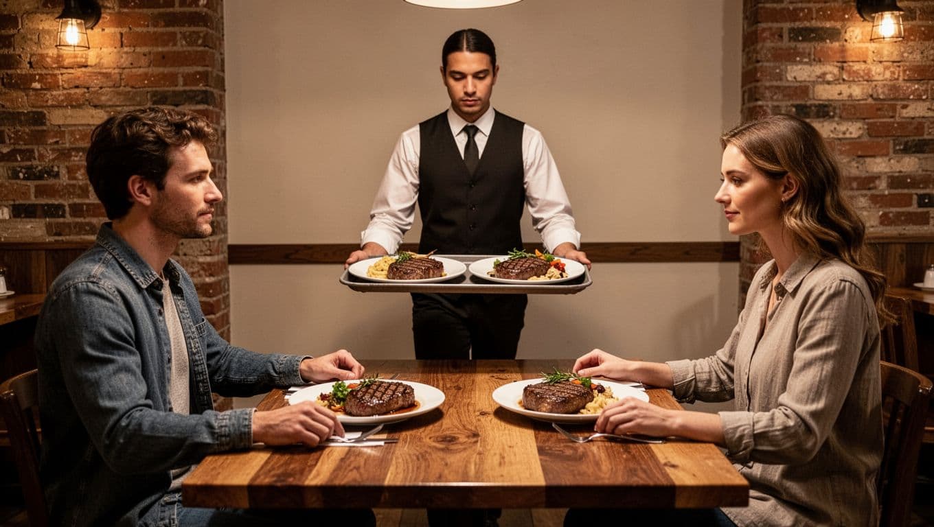 Server carries tray of steaks to two seated patrons at wooden table in brick-walled steakhouse with warm lighting.