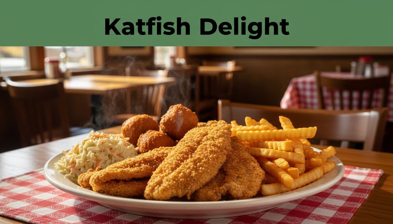 Fried catfish platter with hushpuppies, coleslaw, and fries on white plate in Southern restaurant under Katfish Delight green headline band.