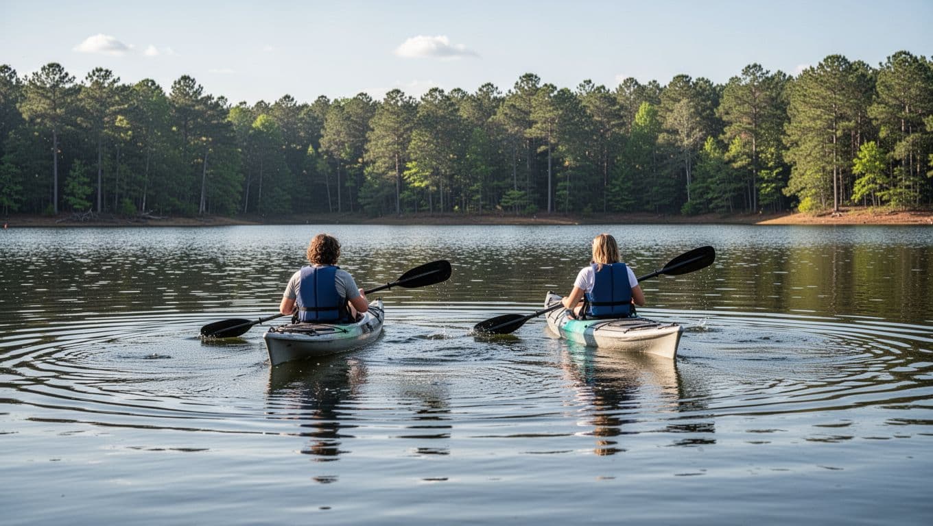 Two kayakers in small kayaks with life vests paddle on calm Lake Tuscaloosa Alabama under sunny midday light with wooded shoreline and dynamic water ripples photorealistic style with green top banner headline Local Fun.