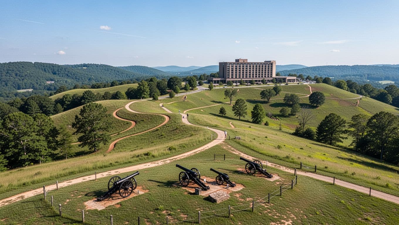 Aerial view of Kennesaw Mountain National Battlefield Park with green hills, trails, and cannon replicas in the foreground; modern hotel in the distance near the park entrance under a clear blue sky.