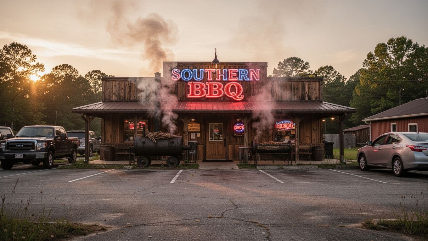 Classic Southern BBQ restaurant exterior with hickory smoke, neon open sign, parked trucks, and Ken's Pit title on green band at dusk.