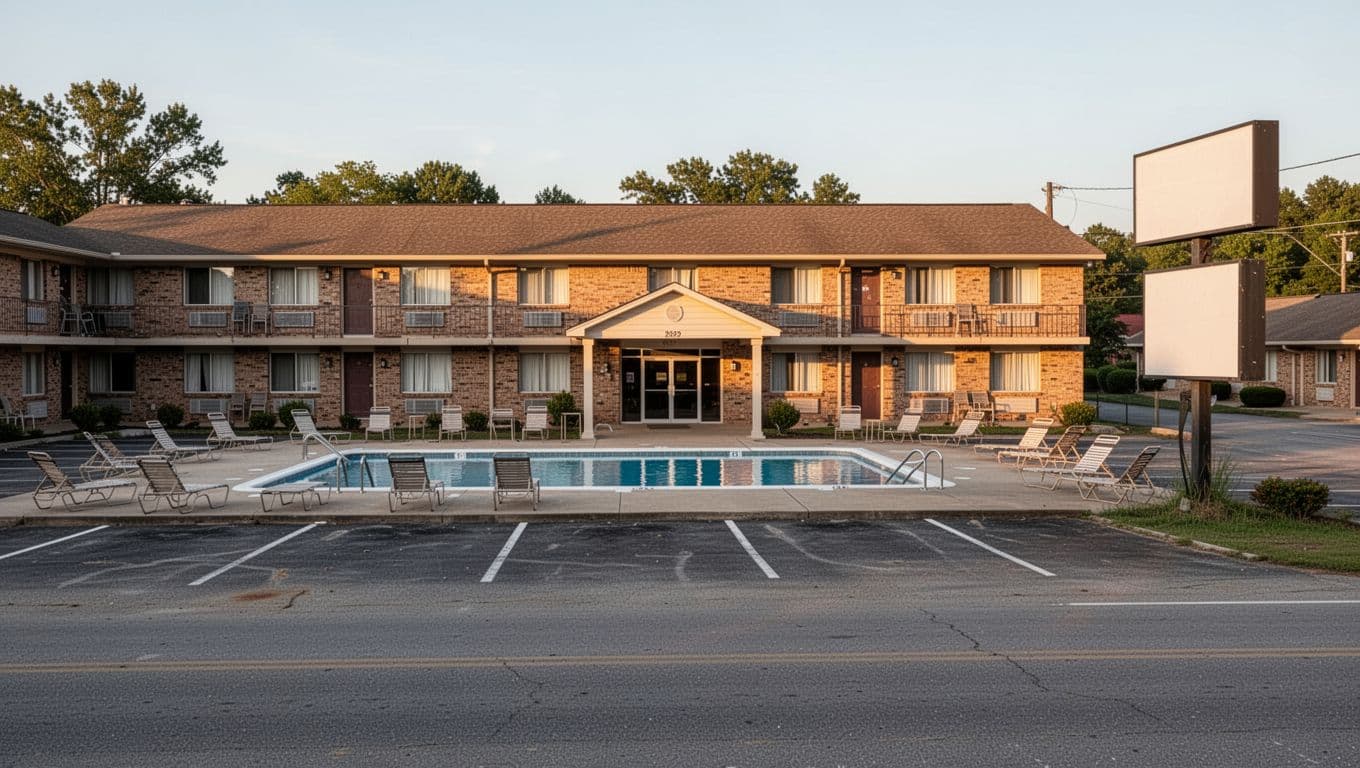 Front exterior of a budget motel in a small Alabama town, featuring an outdoor pool with lounge chairs, parking lot, and highway sign, centered on the entrance in warm sunlight, realistic photo style with no people or vehicles, topped with bold 'BUDGET STAY' green header band.