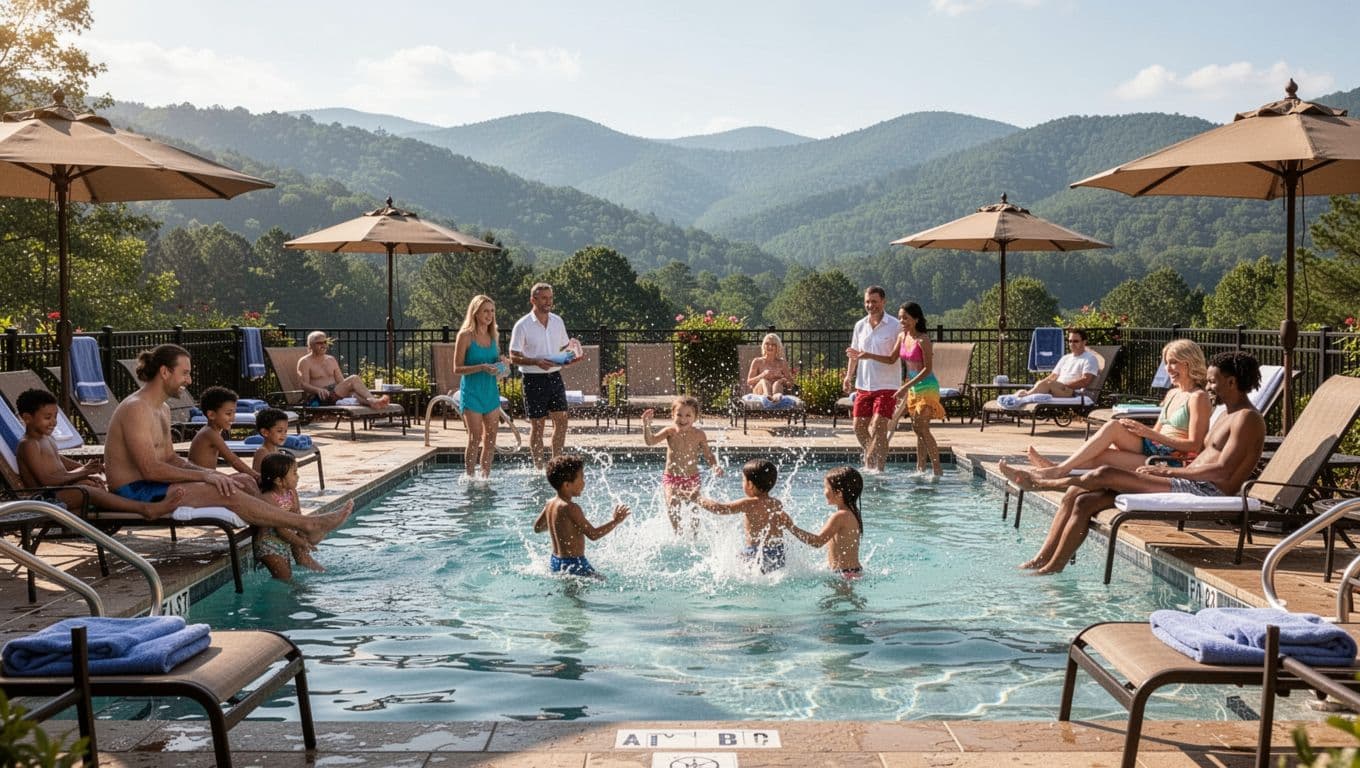 Vibrant summer scene at an outdoor hotel pool where four families with eight adults and eight kids swim, splash, and relax on lounge chairs under umbrellas, set against sunny Georgia mountains.