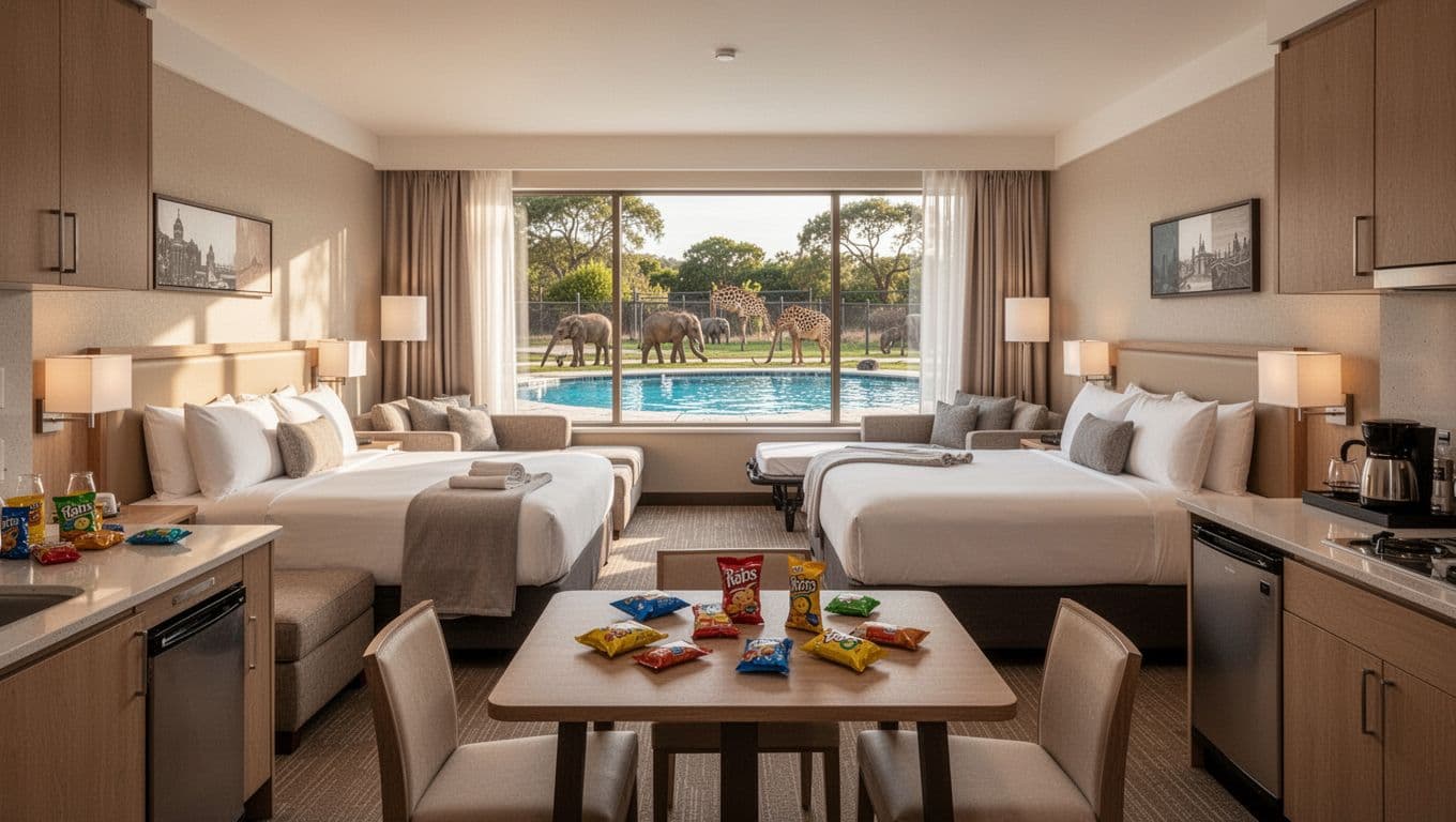 Spacious empty family hotel room with two queen beds, sofa bed, kitchenette table stocked with kids' snacks, and window overlooking pool and distant zoo animals.