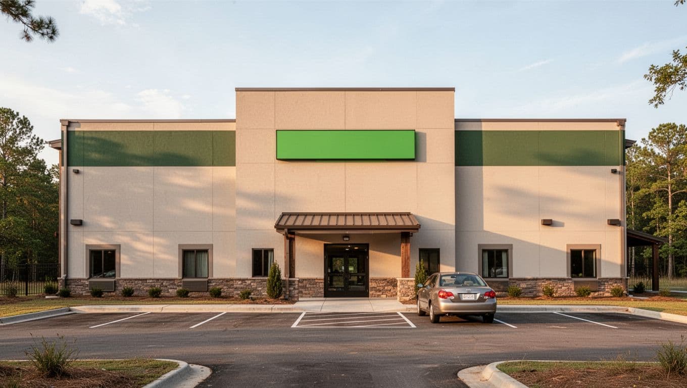 Modern rural hotel exterior in Houston County, Alabama near Kinsey, with parking lot, one car, daylight view, and bold 'Kinsey Stays' sign on green band.