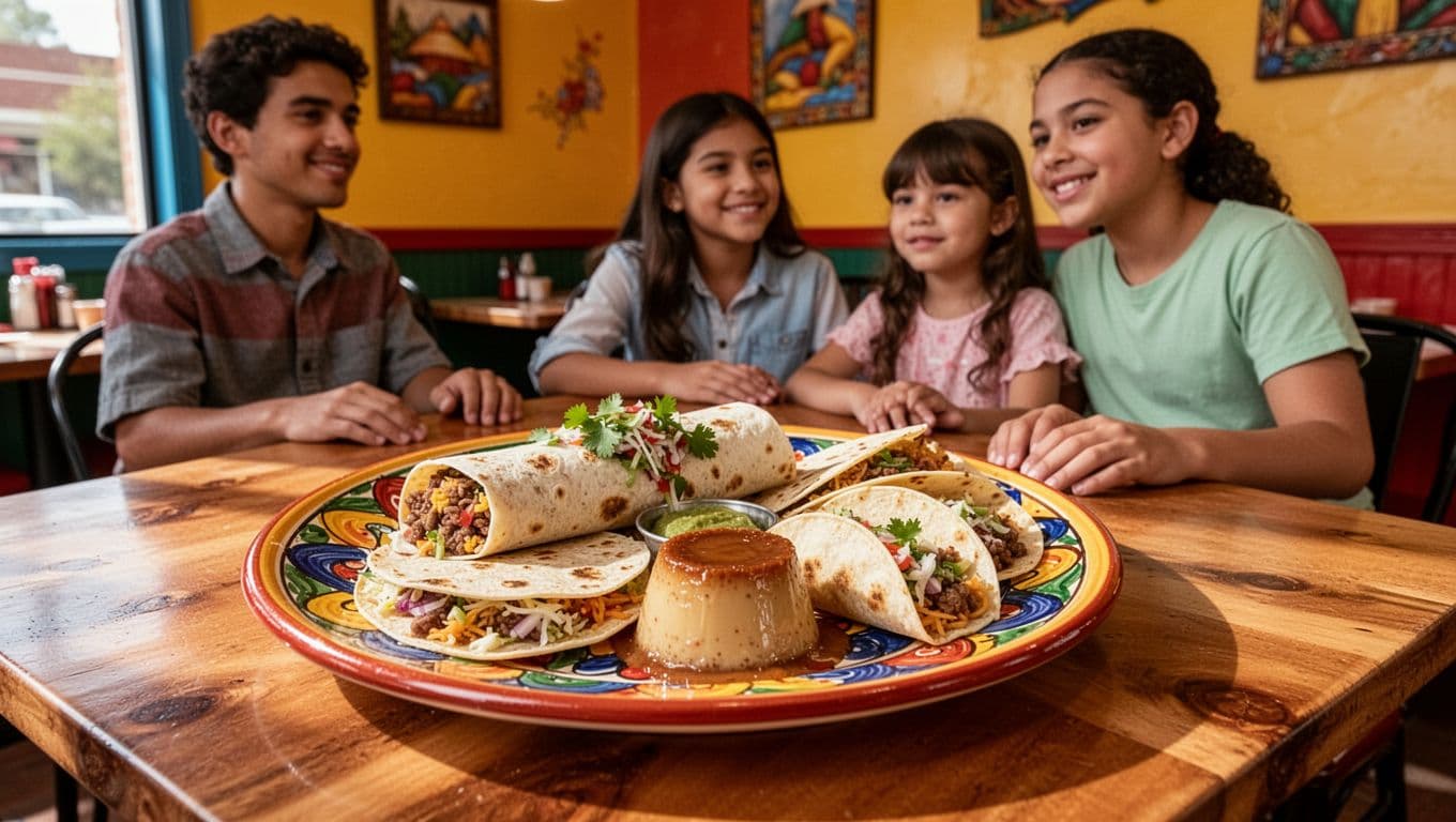 Vibrant La Parrilla Mexican Restaurant interior in Dothan, Alabama, showcases a large colorful burrito plate with quesadilla, tacos, and flan dessert as the focal point, with a relaxed family of three in a lively, colorful atmosphere.