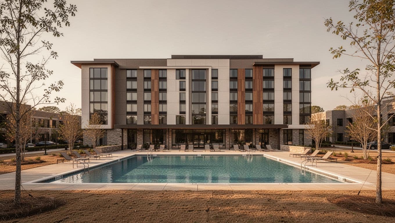 Photorealistic landscape view of a contemporary La Quinta Inn hotel building and outdoor pool area in Huntsville Alabama suburbs near Research Park, with warm afternoon lighting, sparse trees, and branded 'La Quinta' headline in bold green band.