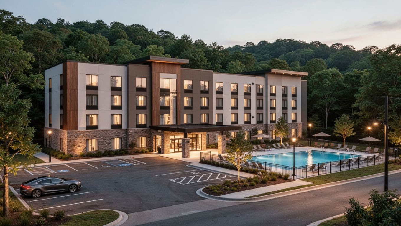 Photorealistic landscape view of modern La Quinta Inn & Suites hotel exterior near Kennesaw's green wooded hills at dusk, showing parking lot with one car, entrance sign, and visible pool area in warm evening light.