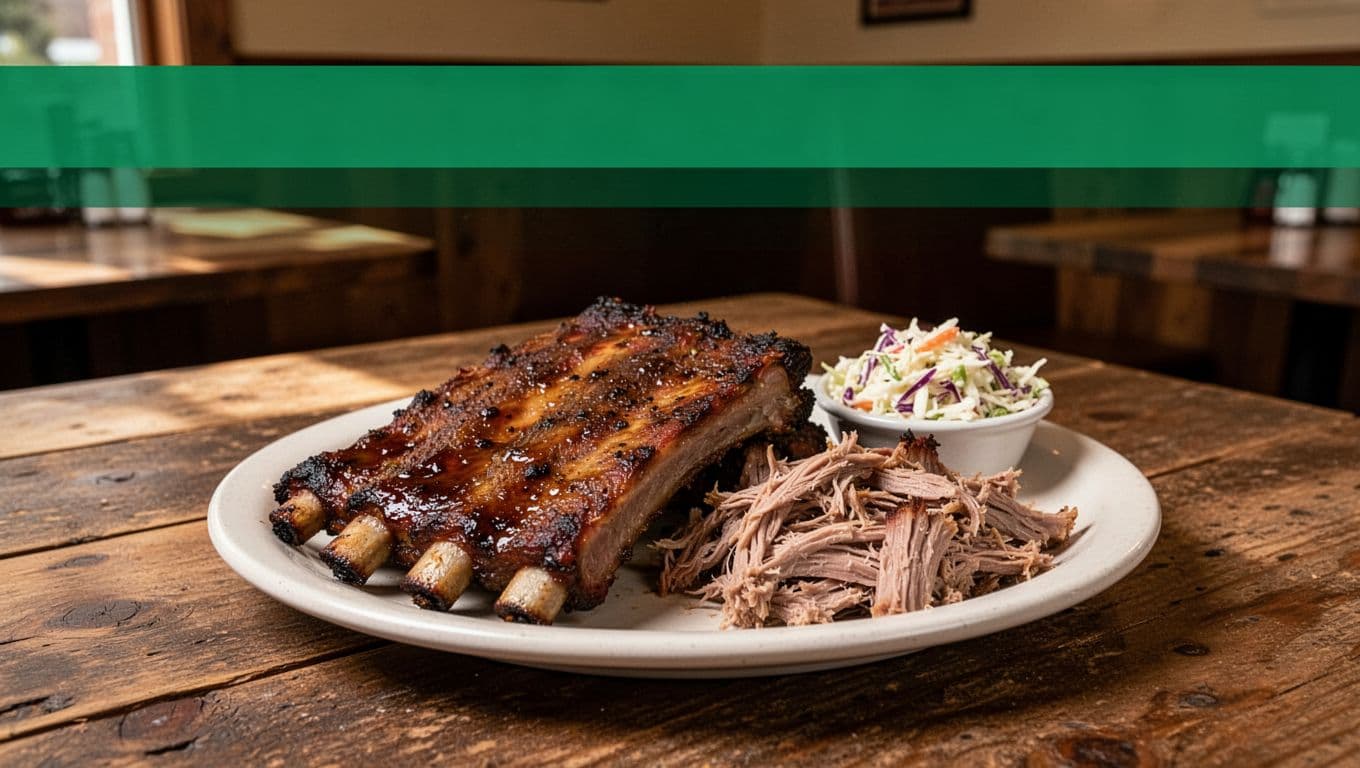 Plate of smoked BBQ ribs and pulled pork with coleslaw on wooden table below Ladonia BBQ green header band.