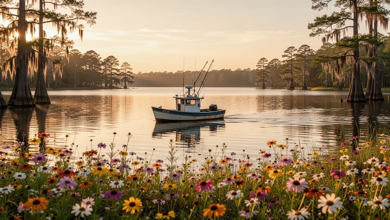 Scenic golden hour view of Lake Blackshear in Georgia with calm waters, distant cypress-lined shoreline, one small fishing boat, and foreground wildflowers in natural realistic style. Branded editorial top with bold 'Lake Views' headline on #22C55E green band.