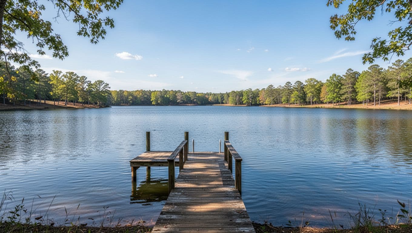 Photorealistic scenic view of Lake Eufaula in Barbour County, Alabama, with calm blue waters under a clear sky, distant tree-lined shoreline, and a single small dock in the foreground. Branded with a bold 'LAKE EUFAULA' headline on a green band at the top.
