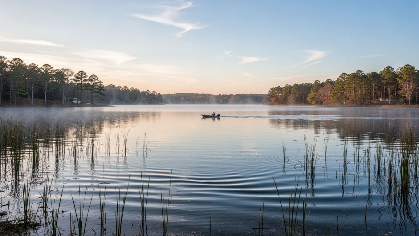 Calm blue waters of Lake Eufaula reflect the morning sky, framed by a tree-lined shoreline with a single distant fishing boat on the horizon and gentle foreground waves among reeds. A peaceful, realistic scene bathed in soft dawn light and subtle mist.