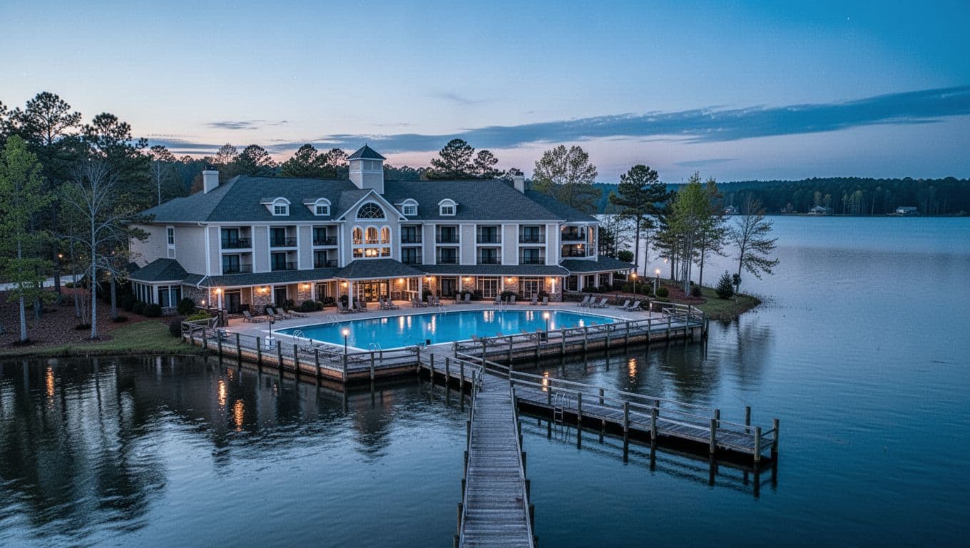 Lakeside hotel on Lake Guntersville in Marshall County, Alabama at dusk, with visible pool area and dock in a wide landscape composition focused on the waterfront facade.