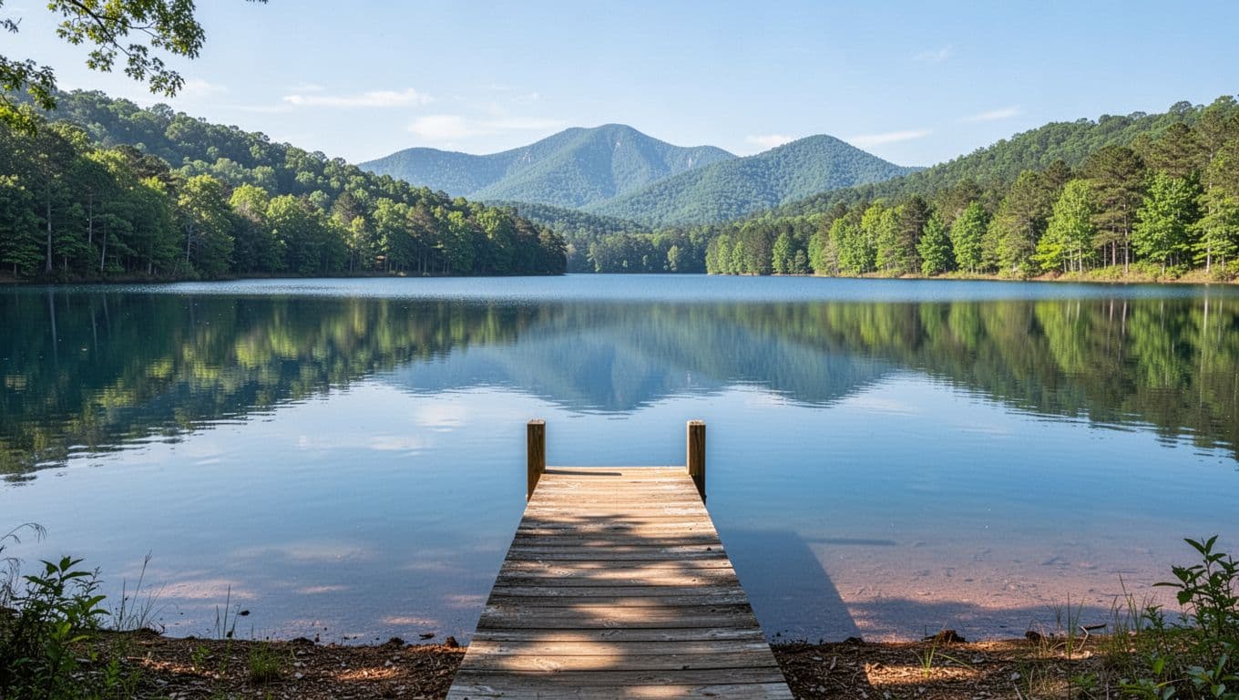 Scenic photorealistic landscape of Lake Guntersville near Scottsboro, Alabama, with blue water reflecting green forested hills and distant mountains under a clear sky, centered on lake shore with dock in bright natural daylight.