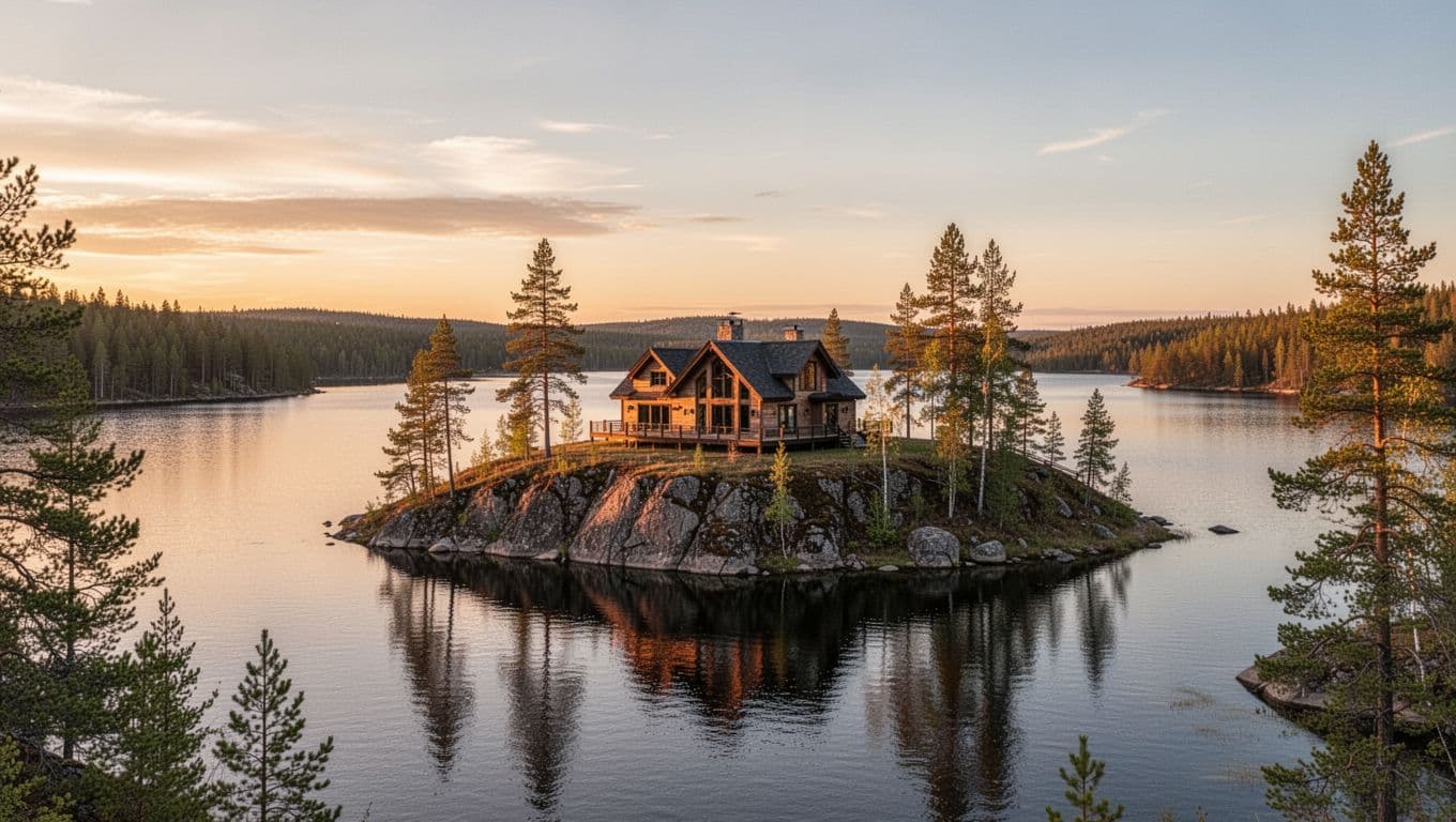 Exterior view of Lake Guntersville State Park Lodge on a bluff overlooking the Tennessee River lake at sunset, featuring warm golden lighting and realistic photo style with a bold 'Park Lodge' headline on a green band.