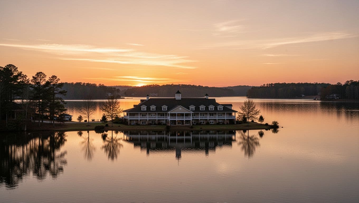 Scenic sunset view of Lake Guntersville in Marshall County, Alabama, with a hotel silhouette in the foreground and calm water reflections. Features a bold 'Lake Getaways' headline in a green band at the top for a branded editorial style.