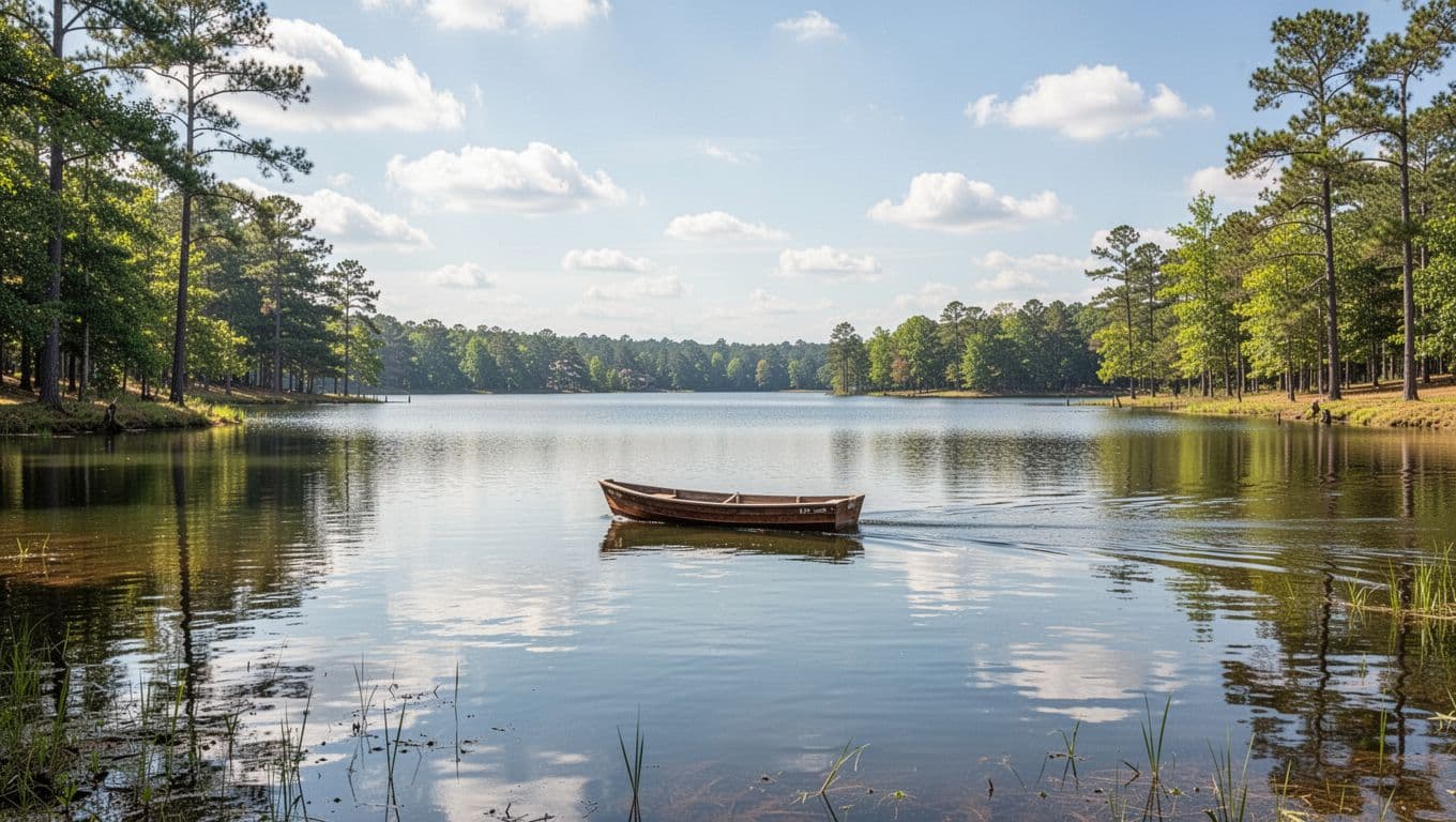 Scenic wide view of Lake Jordan near Holtville Alabama with a small boat on the water, wooded shoreline, and sunny sky in bold branded editorial style with edge-to-edge green top headline band.