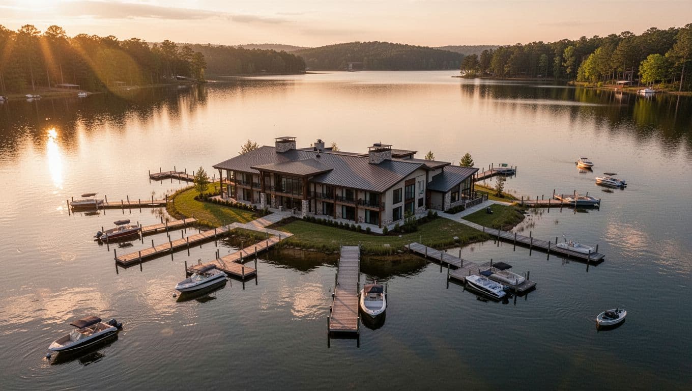 Aerial view of a modern hotel on Lake Martin Alabama shoreline at sunset with docks and boats in foreground calm reflective water and warm golden hour lighting realistic photo style.