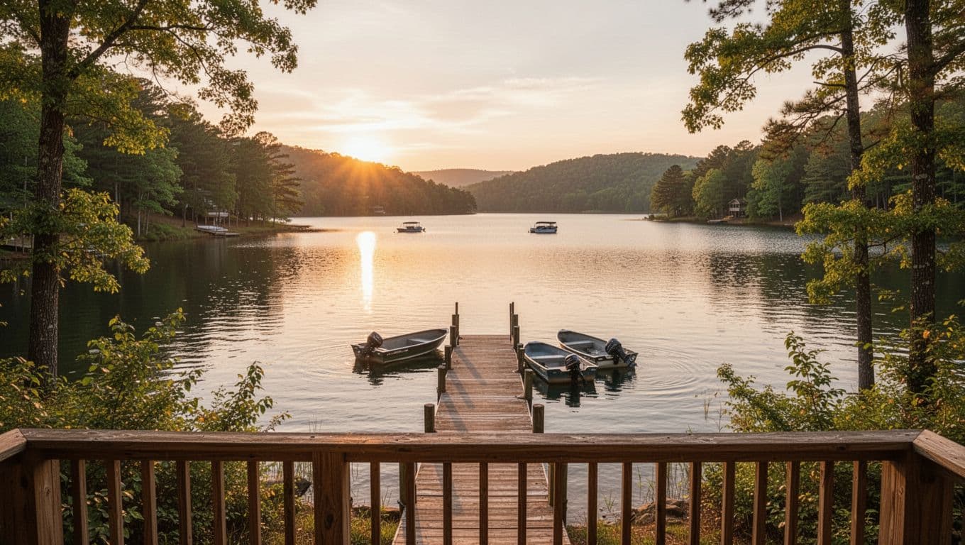 Serene Lake Martin shoreline at sunset in Tallapoosa County, Alabama, viewed from a hotel balcony with calm water, foreground dock, distant boats, lush green trees, and hills in warm golden hour lighting.