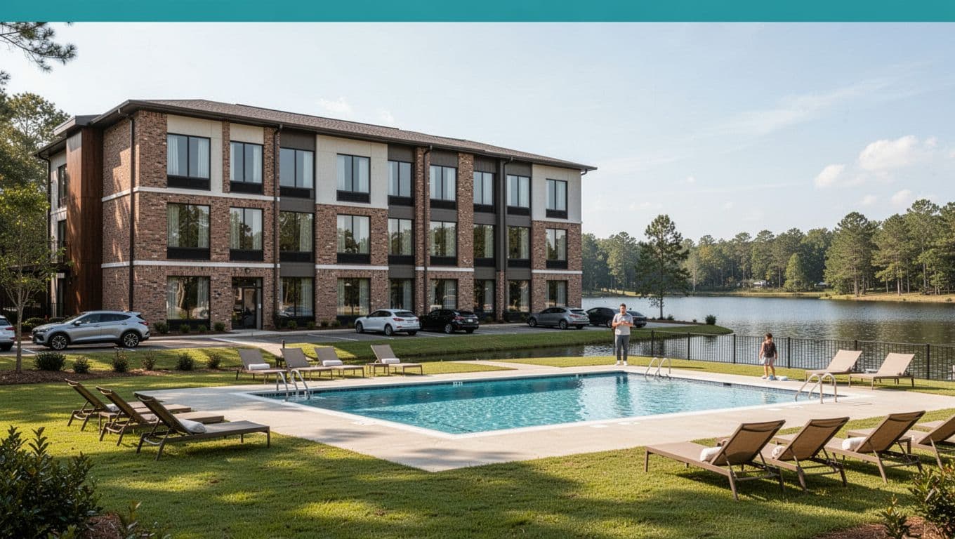 Photorealistic view of a three-story modern brick hotel near Lake Tuscaloosa, Alabama, featuring large windows, front outdoor pool with lounge chairs, green lawn, parked cars, and a 'Top Picks' banner.