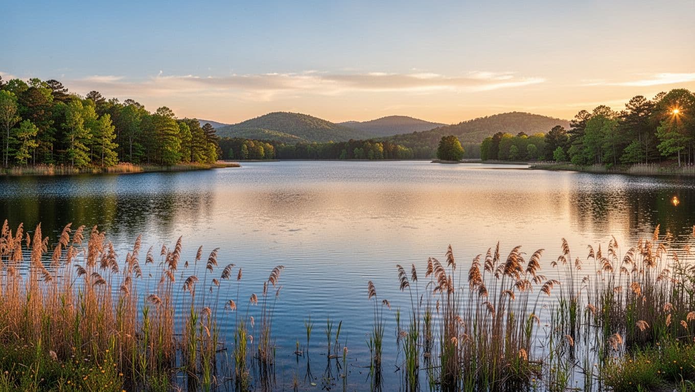 Photorealistic landscape of Lake Tuscaloosa in Alabama at sunset, showing calm blue waters, green wooded shores, gentle hills, and foreground reeds with a top green banner reading 'Lake View Area'.