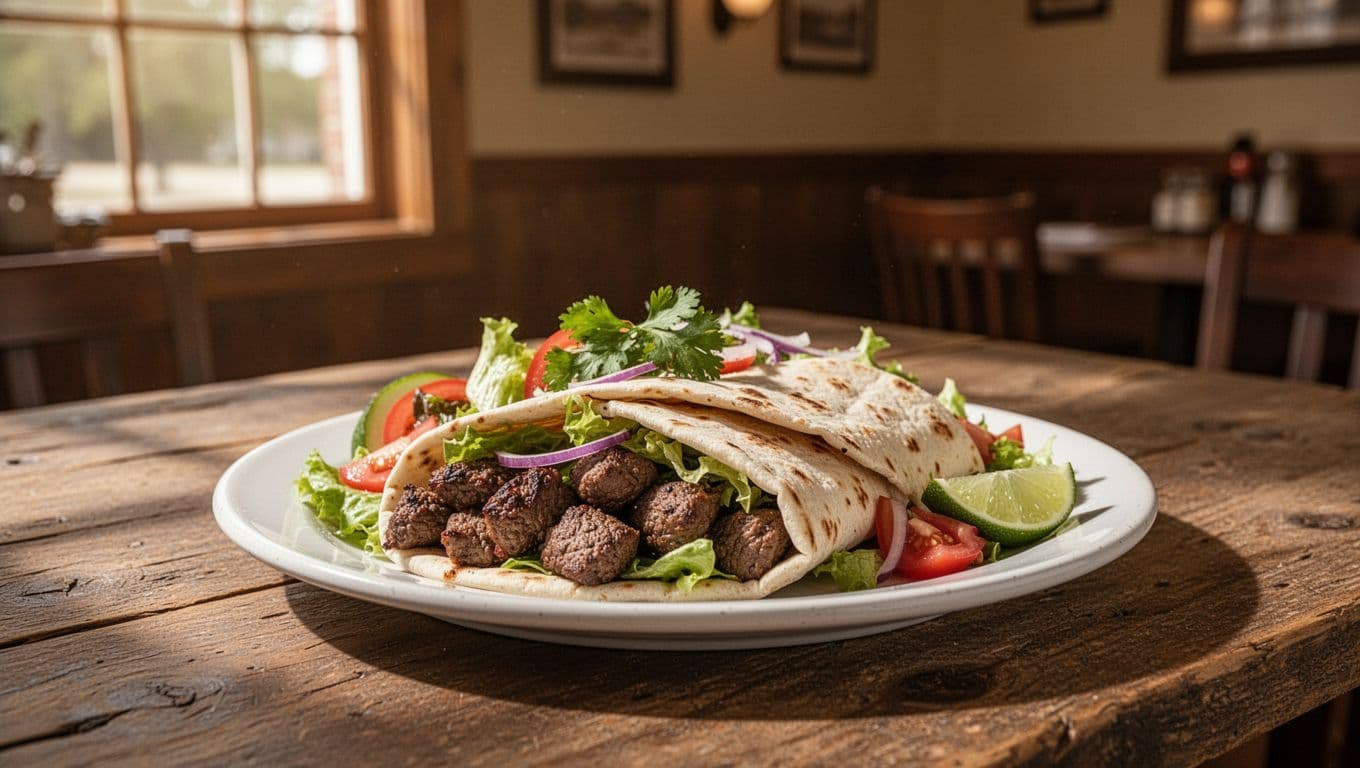 Plate of lamb gyro and salad on wooden table below green Local Flavors headline band.