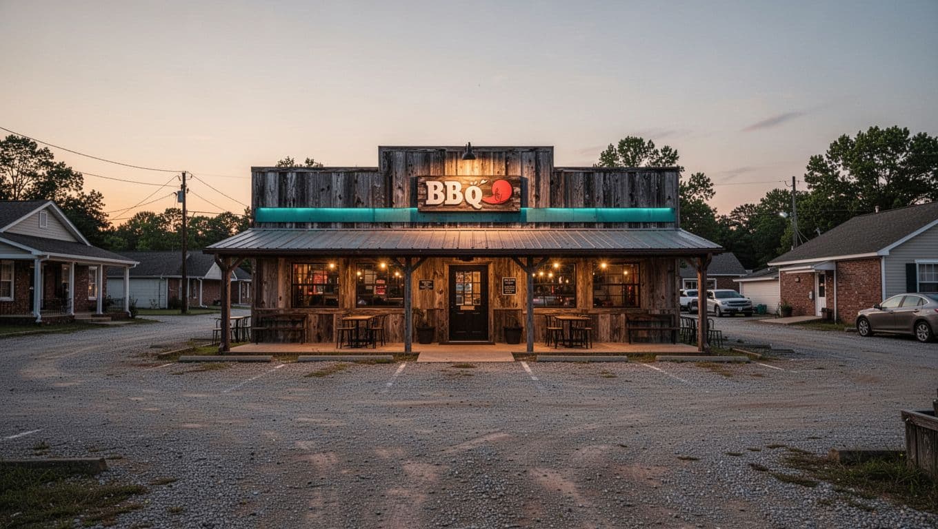 Rustic BBQ restaurant exterior in Alabama town at dusk, gravel parking lot, warm window lights, visible sign, top green band with Landmark BBQ text.