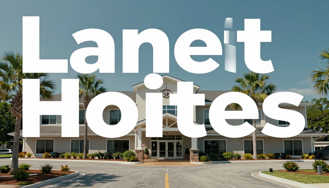 Photorealistic modern hotel exterior in quiet Alabama town with welcoming entrance, palm trees, and parking lot under soft sunny natural light, topped by bold green band with high-contrast 'Lanett Hotels' headline.