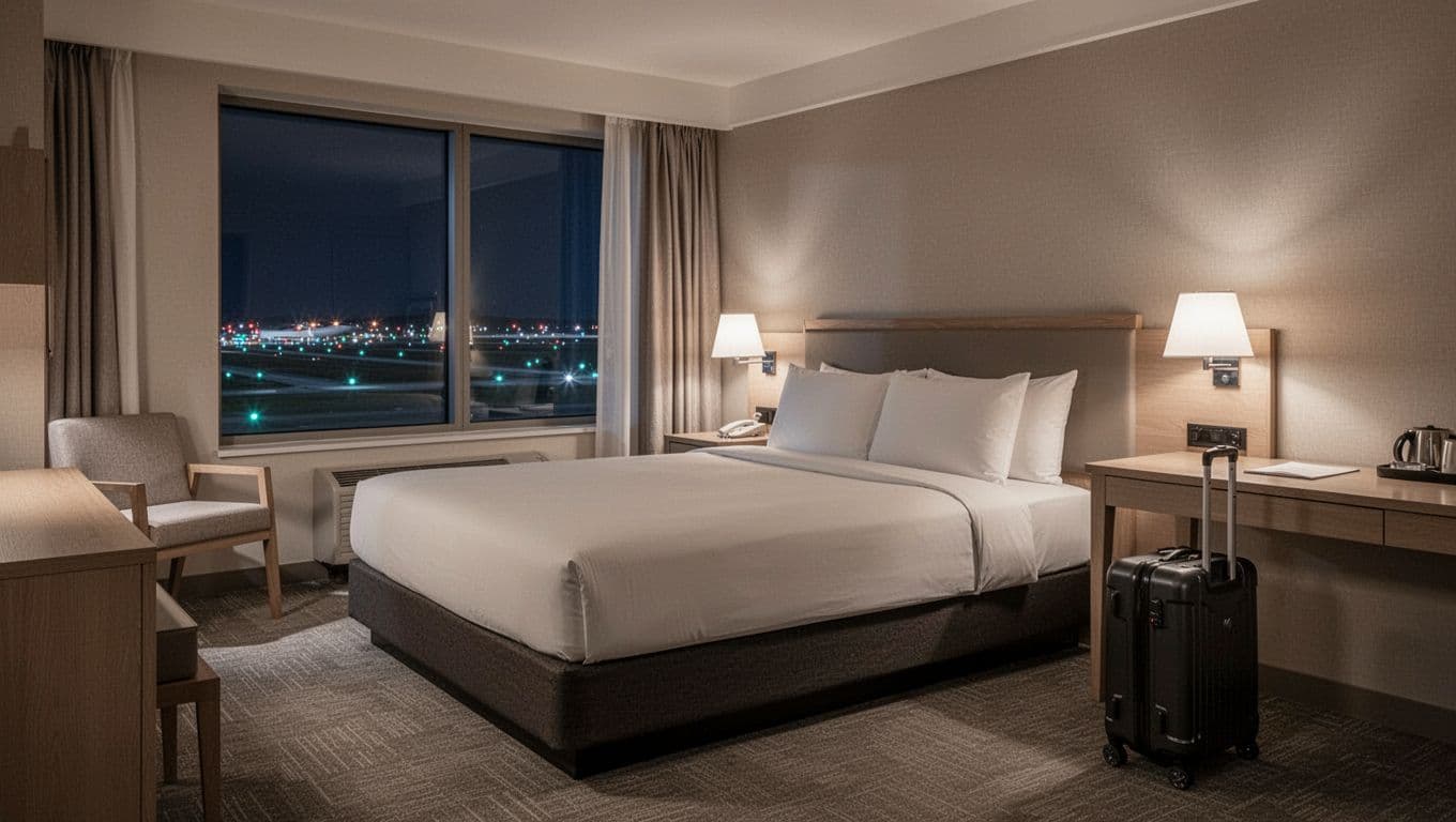 Clean, cozy hotel room interior for layover featuring a central king bed, desk, suitcase on floor, and window view of runway lights in neutral lighting.