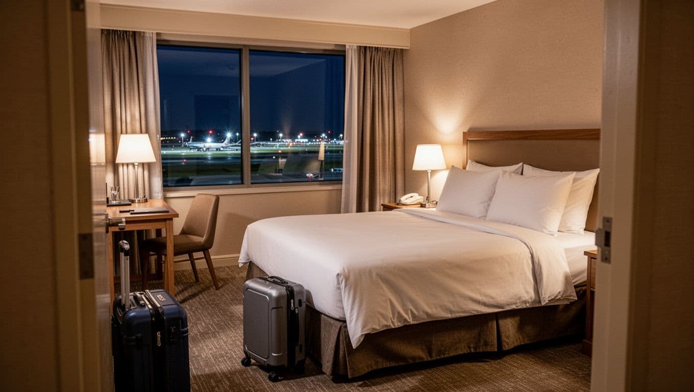 Cozy hotel room interior suited for layover rest near Atlanta airport, with king bed, desk, suitcase, and night runway view from window. Features bold 'Layover Rest' headline in green band for budget-friendly overnight stays.