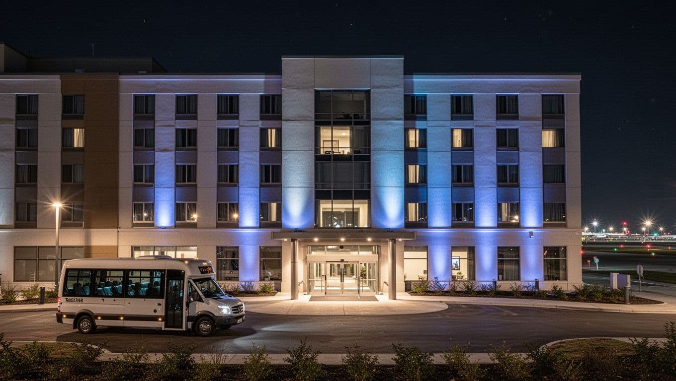 Modern airport hotel exterior at night in Mobile, Alabama, featuring soft blue and warm lighting on the facade, a parked shuttle van in the foreground, distant airport lights, and prominent 'Layover Stay' branding.