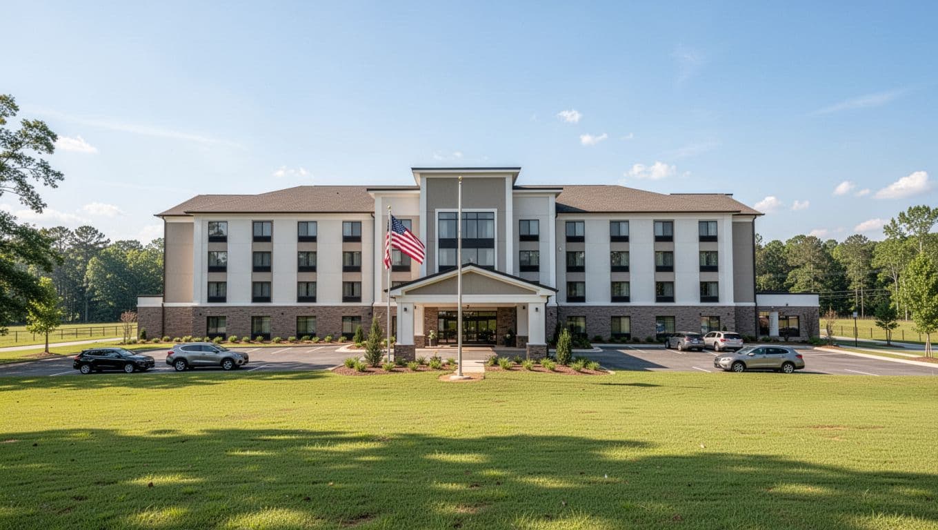 Modern hotel exterior in rural Alabama with welcoming entrance, American flag, green lawns, and blue sky under bright daylight. Features bold 'Leeds Hotels' headline on green band for branded editorial style.