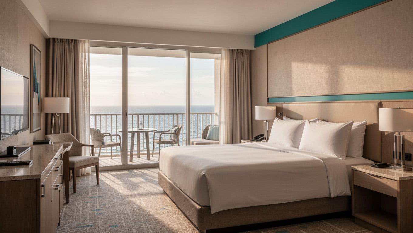 Spacious clean hotel room with king bed, ocean-view balcony through large window, modern neutral tones, soft morning light, green band with 'Room Views'.