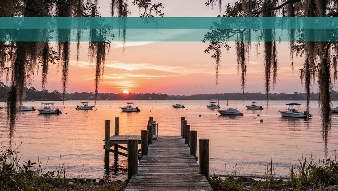 Dock with small boats on calm bay waters and Spanish moss trees at sunset glow, topped by green band with Bay Escapes headline.