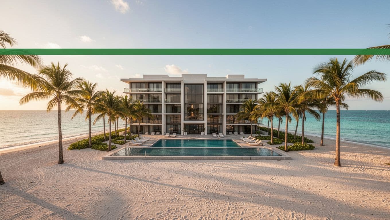 Beachfront resort building with pool and palm trees on sandy shore, turquoise Gulf waters, clear sky, golden hour light, green top band with 'Lillian Stays' text.