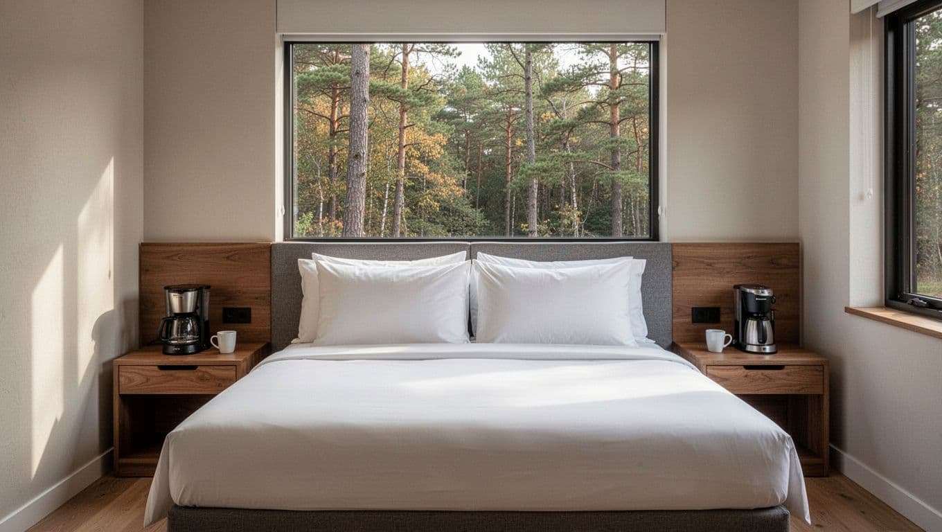 Clean modern hotel room interior suitable for Lineville AL stay, featuring a queen bed with white linens, wooden nightstands with coffee maker, and a window with wooded view. Bold 'Room Comfort' headline in green band at top, photorealistic style with no people or electronics.