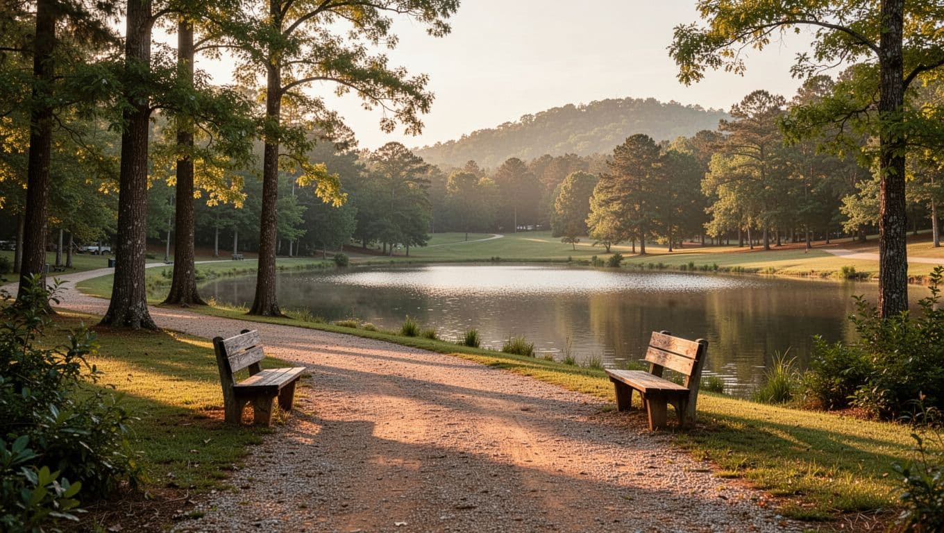 Photorealistic wide landscape of a gravel trail with two benches along a small lake in a scenic park near Lineville in Clay County, Alabama, featuring tall trees, greenery, distant hills, and bright golden hour morning light. Bold edge-to-edge green header band with 'Local Attractions' in Montserrat Black font across the top 20% of the image.