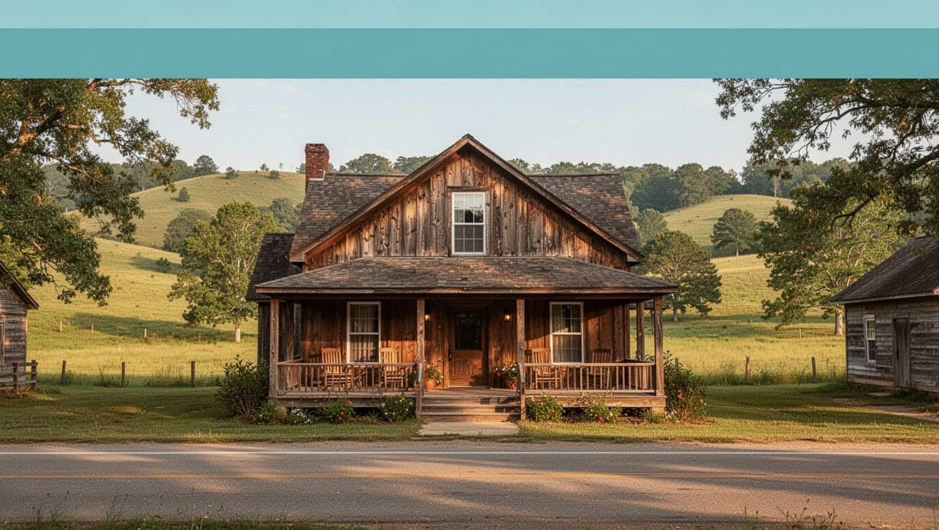 Cozy roadside inn exterior in rural Alabama town like Lineville, with wooden facade, welcoming porch, and green rolling hills in background. Photorealistic editorial style featuring bold 'Lineville Stays' headline in green band at top.