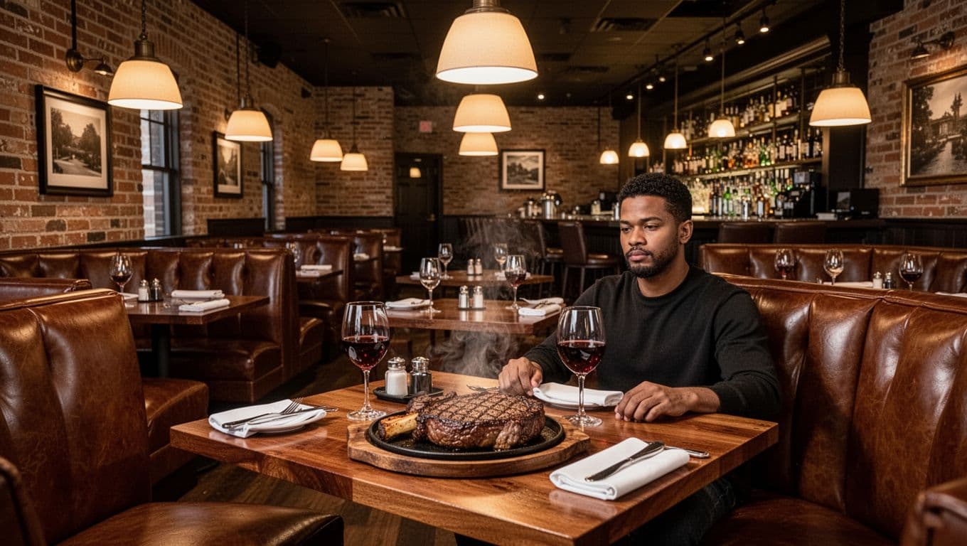 Bustling upscale steakhouse dining room in Birmingham, Alabama, with wooden tables set with sizzling steaks and wine glasses, warm ambient lighting, leather booths, and exposed brick walls.