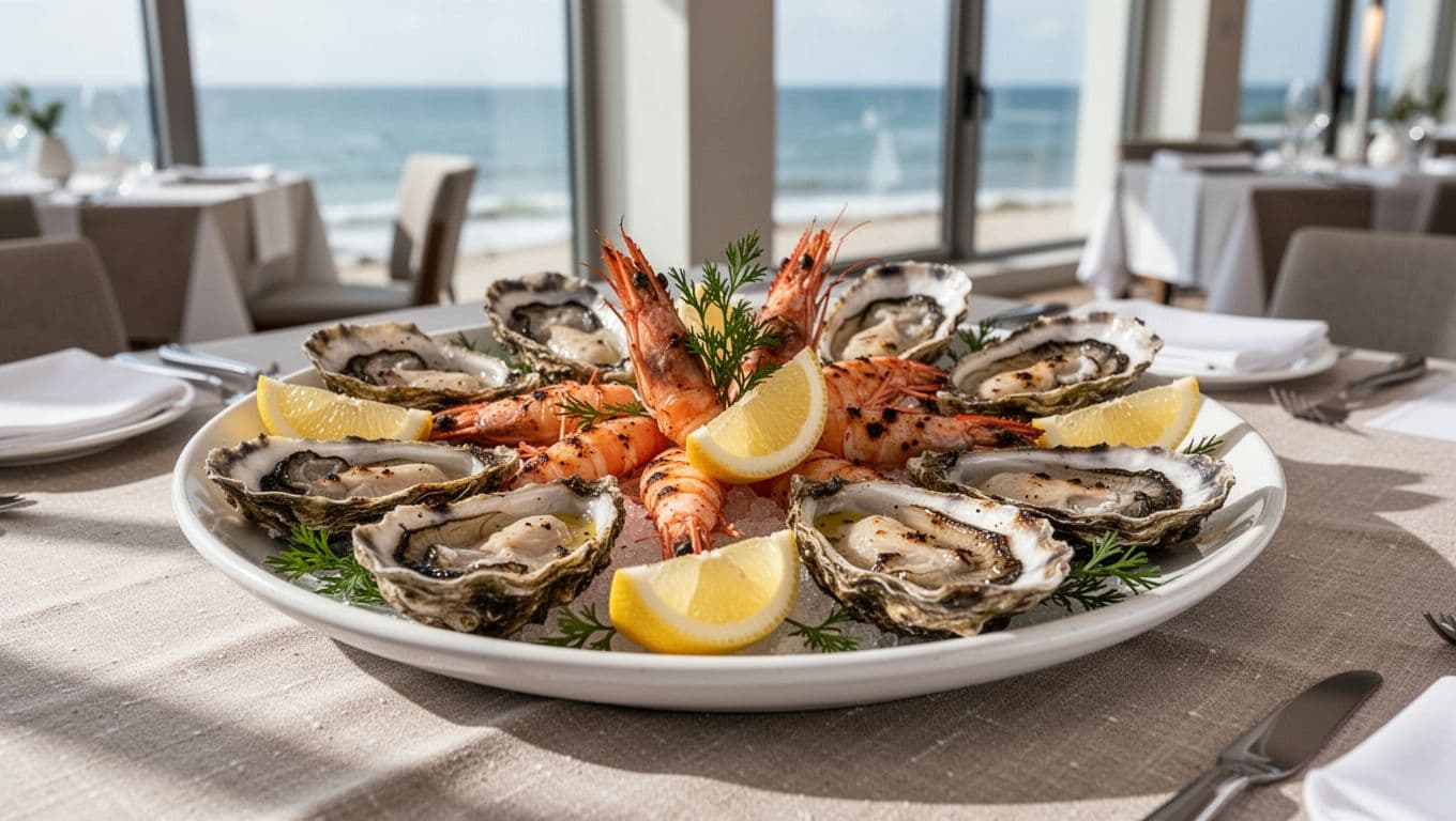 Elegantly plated grilled oysters and shrimp from Little Bird restaurant in Fairhope on a white dish with lemon wedges and herbs, set on a linen tablecloth in a modern coastal dining room under soft natural light. Photorealistic food photography close-up with bold 'Top Pick' headline in green band.