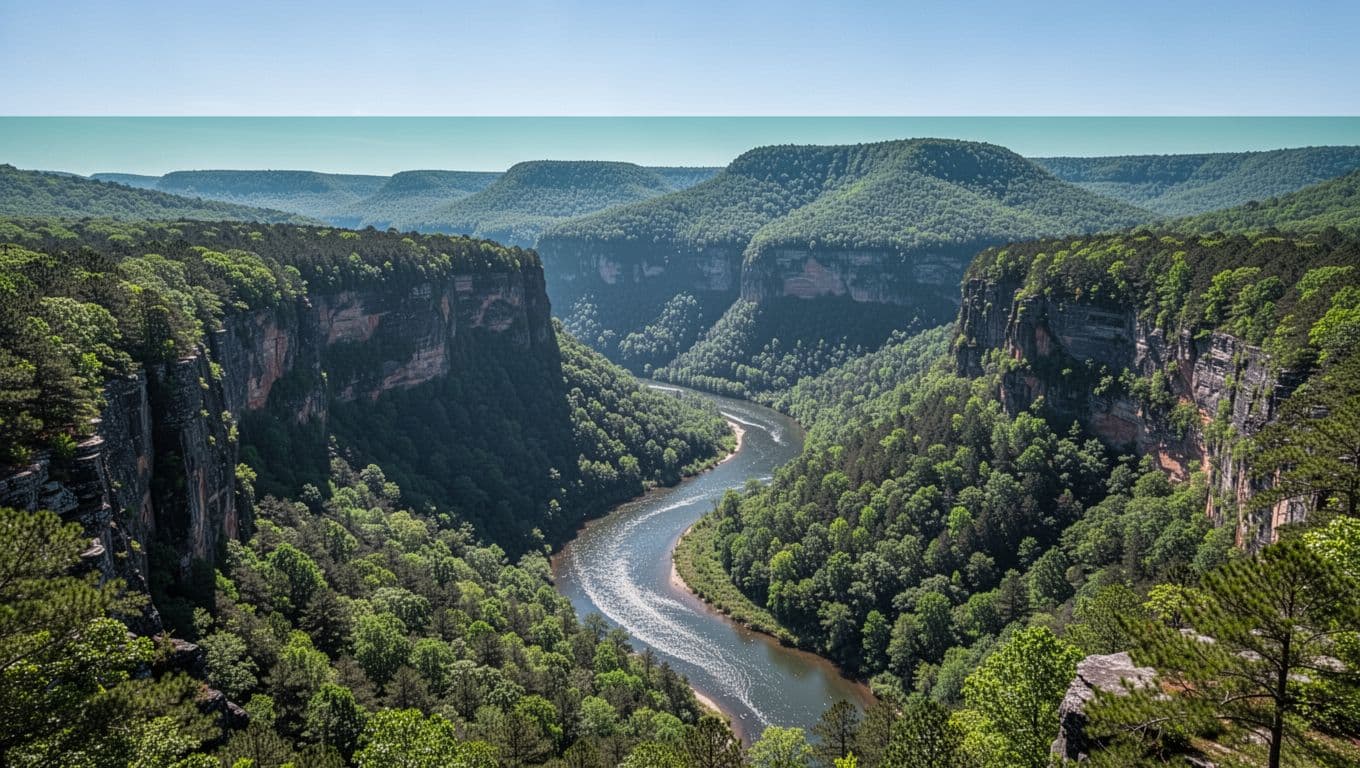 Aerial view of Little River Canyon National Preserve in Alabama, showcasing deep green canyon walls, winding river, forested ridges, and clear blue sky from a high overlook in photorealistic style.