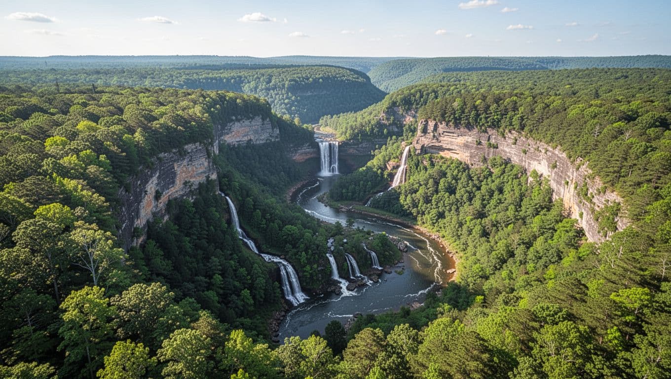 Stunning aerial landscape of Little River Canyon National Preserve in Alabama, featuring deep gorge, river waterfalls, and lush green forests under clear daytime skies with a top banner reading 'TOP AREAS'.