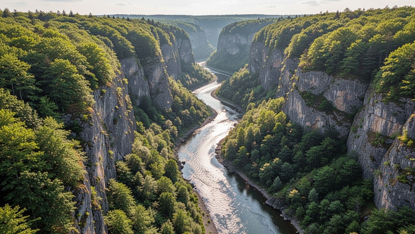 Photorealistic aerial landscape of Little River Canyon near Fort Payne, Alabama, featuring a deep gorge with winding river and forested cliffs under sunny afternoon light. Top green band with 'Nearby Nature' text emphasizes natural beauty without people or structures.