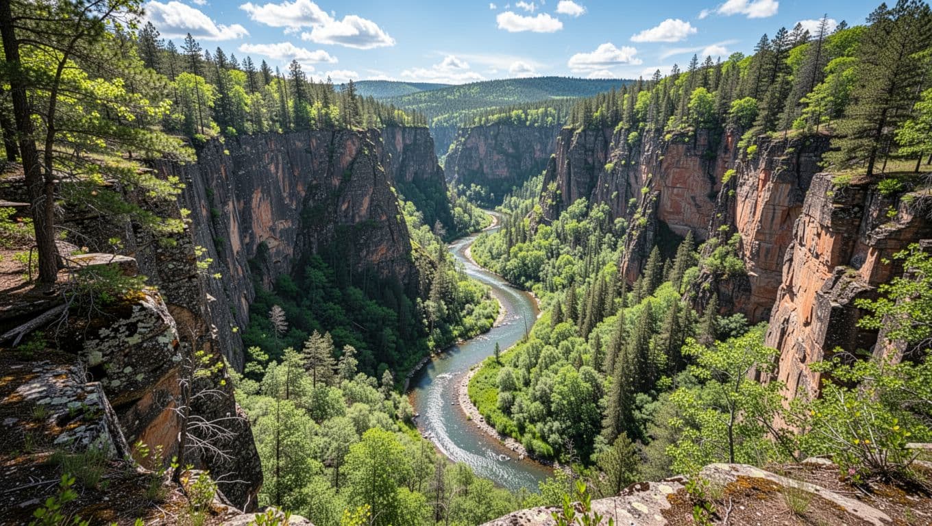 Deep canyon with winding river below and green forested cliffs from scenic overlook on sunny day, green top band with 'Area Attractions' headline.