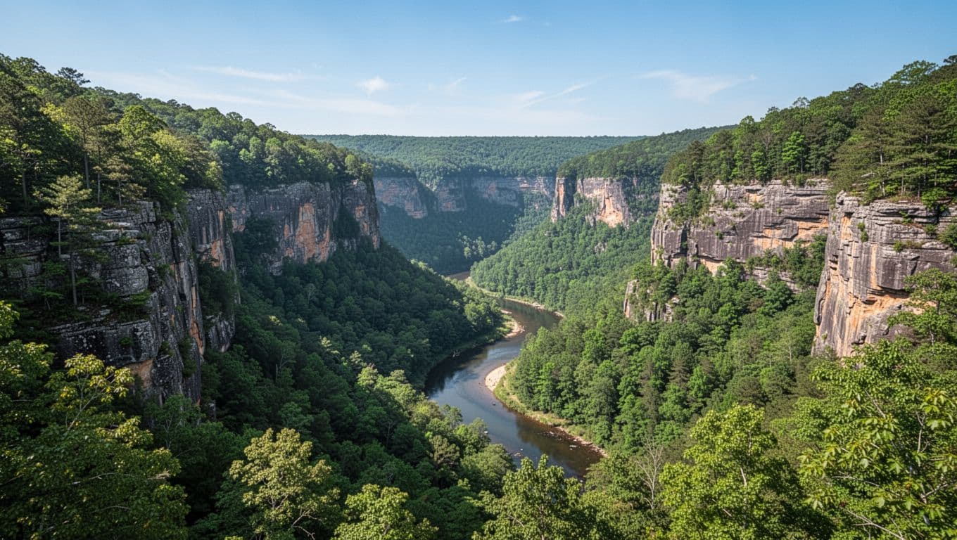 Scenic photorealistic landscape of Little River Canyon National Preserve near Rainsville, Alabama, showing deep green forested valley, winding river, rocky cliffs, clear blue sky, with bold 'Rainsville Escape' headline in green band at top.