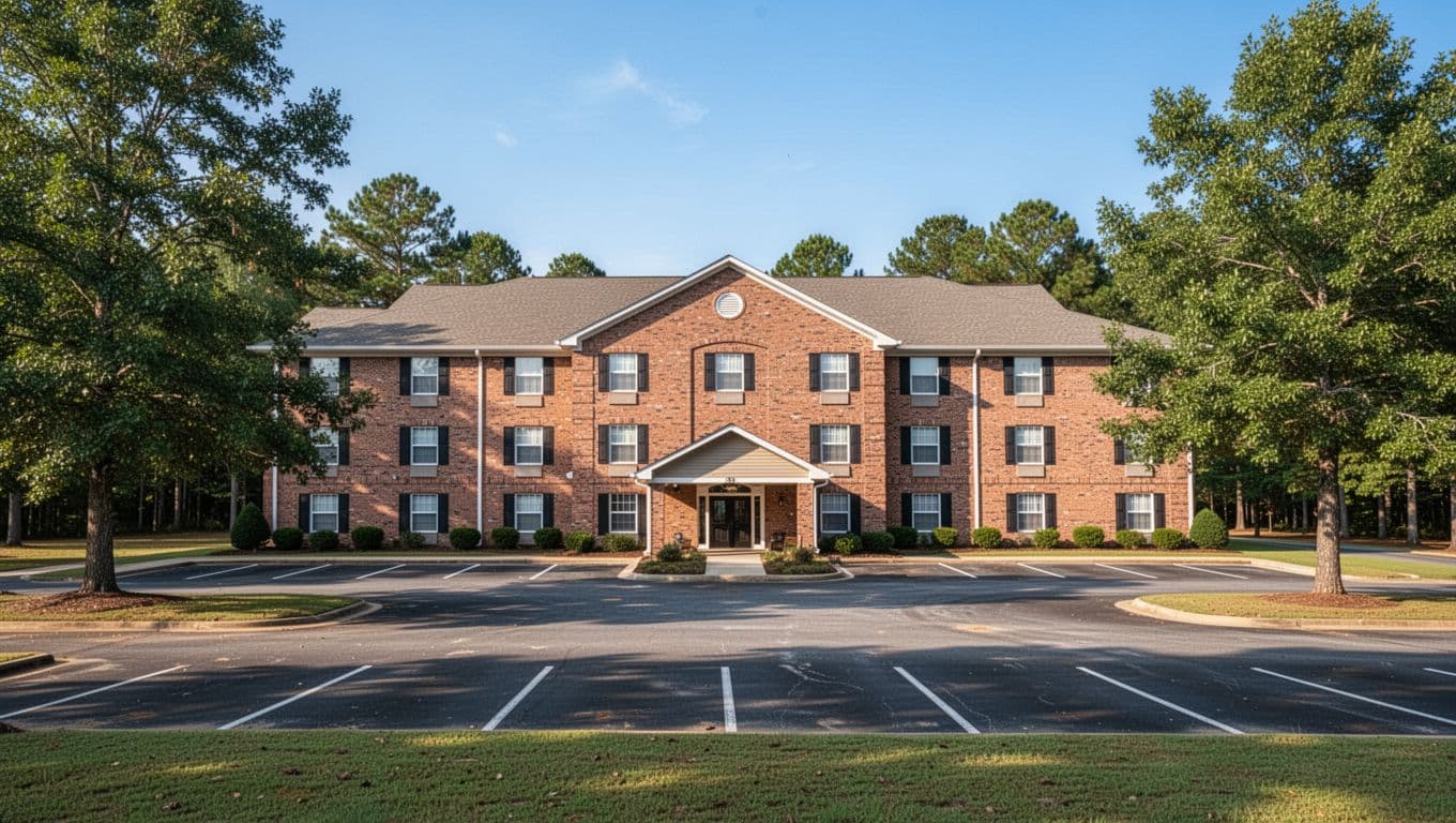 Exterior of a mid-range brick hotel in rural Livingston, Alabama, with parking lot, trees, and blue sky. Features bold 'Local Stays' headline in green band at top in a clean, photo-realistic style.