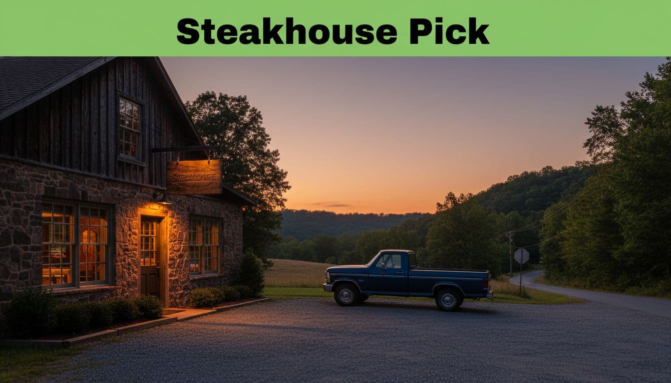Rural Alabama steakhouse exterior at dusk with warm window lights, gravel lot, parked truck, and Steakhouse Pick banner.